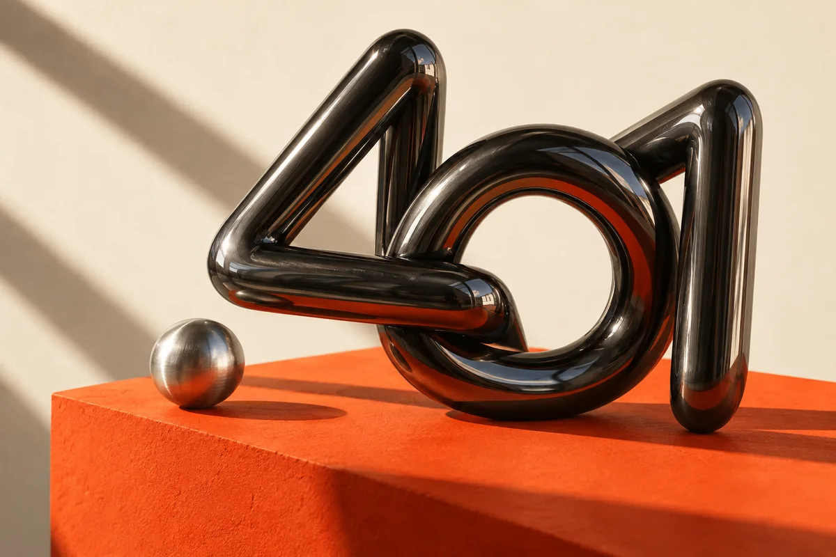 401 sculpté en chrome noir sur un socle orange, identité du studio