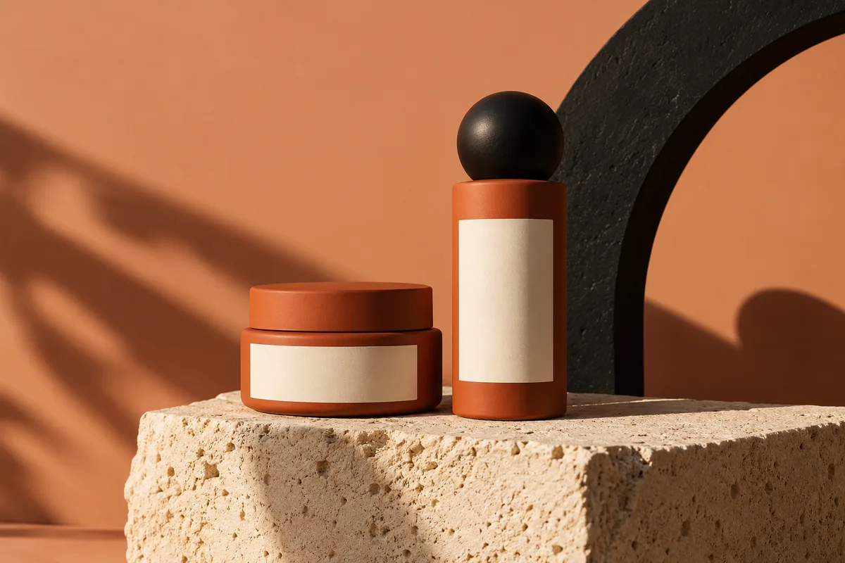 Composition de flacons terracotta sur une pierre claire, exploration de direction artistique